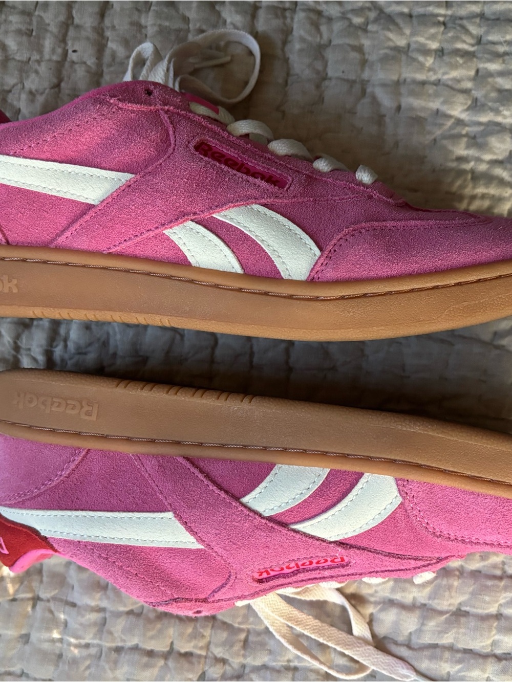 Ladies Reebok Pink Suede Sneakers with White Stripes and Gum Sole